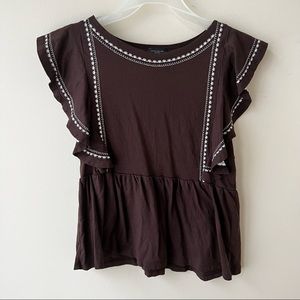 Ann Taylor Brown Ruffled Top with Floral Detail